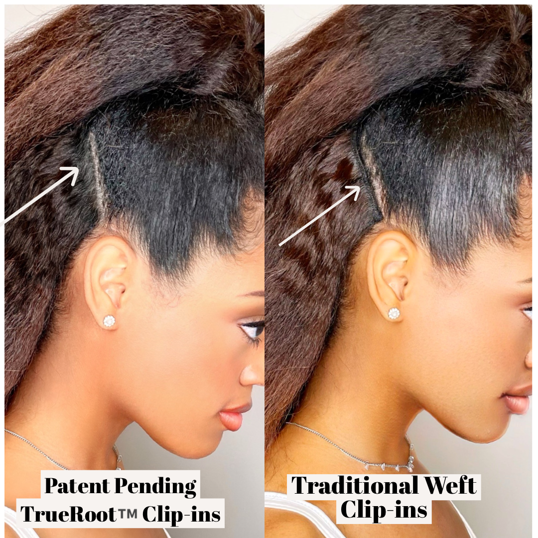 Upgrade from competitor's Follicle Fusion™ Clip-ins to our Patented InVisiRoot® Clip-ins. Experience True Undetectable Results: This is Jada Kinky Straight texture InVisiRoot® Clip-ins