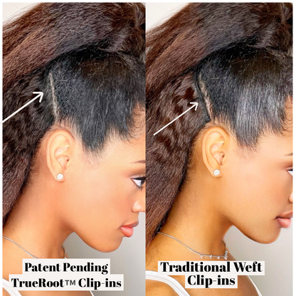 Upgrade from competitor's Follicle Fusion™ Clip-ins to our Patented InVisiRoot® Clip-ins. Experience True Undetectable Results: This is Jada Kinky Straight texture InVisiRoot® Clip-ins